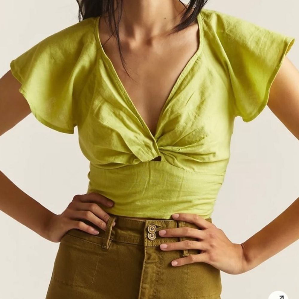 Anthropologie Twist Front Flutter Sleeve Lime Green Top Large